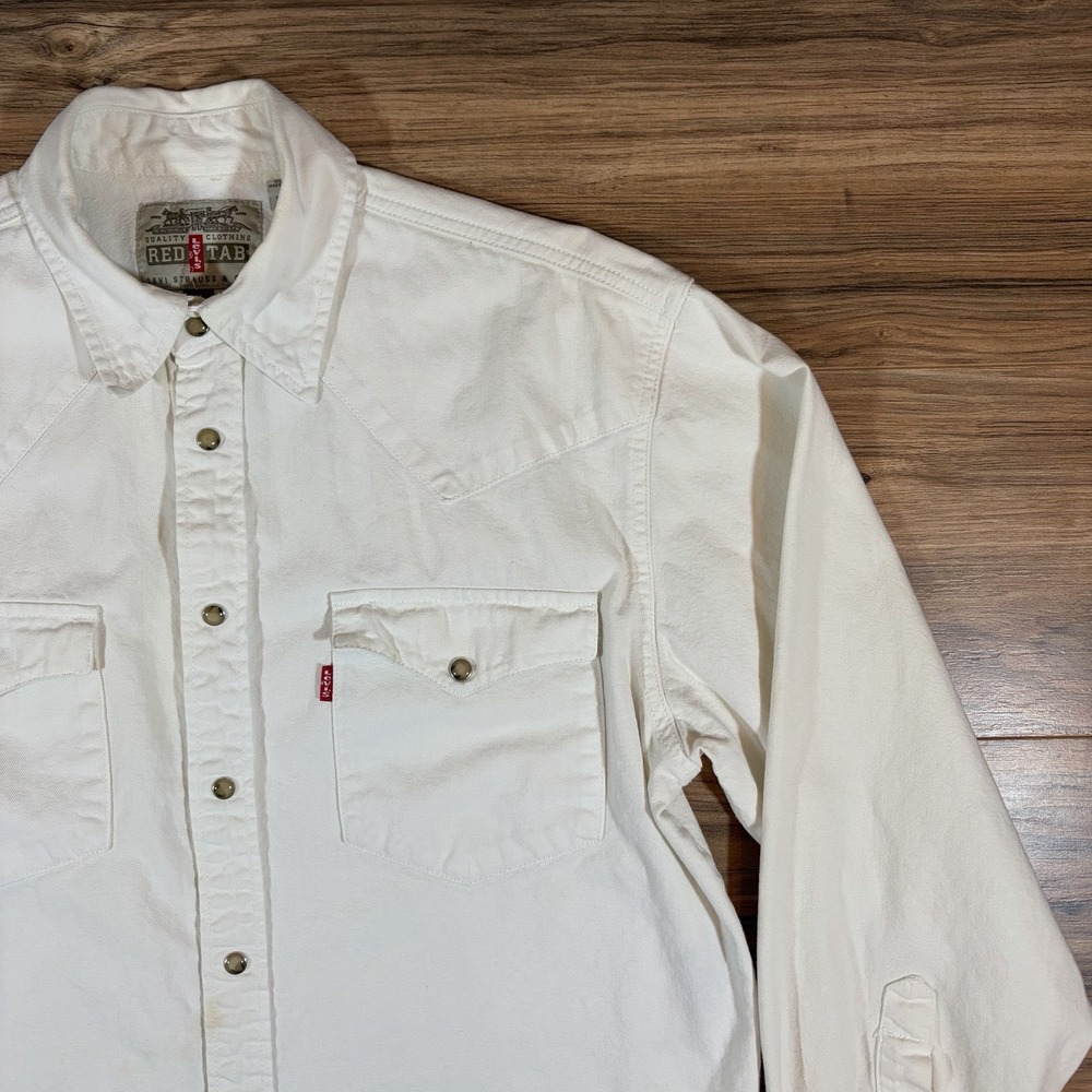VTG Levi's Red Tab Mens MD White Denim Pearl Snap Western Long Sleeve Shirt 90s - Picture 7 of 14